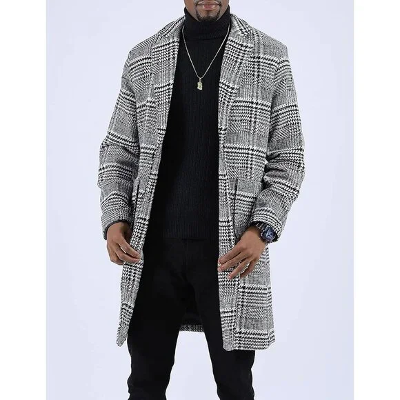 Men's Black And White Wool Blend Pea Coat Warm Winter Trench Coat